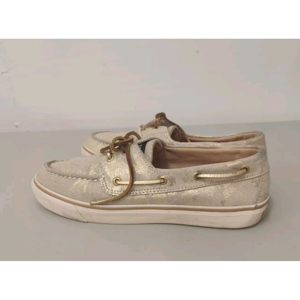 EUC Sperry Top-Sider‎ Sz 9 Bahama Metallic Tan/Goldtone Camo Suede Boat Shoe